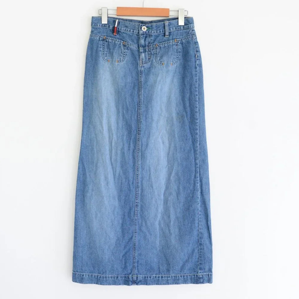 Vintage Tommy Hilfiger Tommy Jeans Mid Wash Back Slit Blue Denim Skirt 3